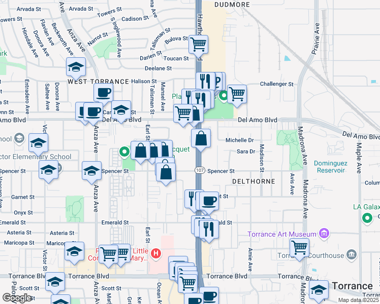 map of restaurants, bars, coffee shops, grocery stores, and more near 20427 Hawthorne Boulevard in Torrance