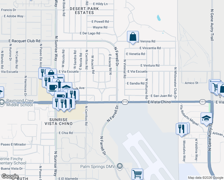 map of restaurants, bars, coffee shops, grocery stores, and more near 1880 Sharon Road in Palm Springs