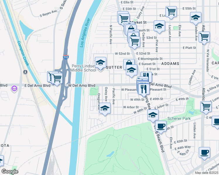 map of restaurants, bars, coffee shops, grocery stores, and more near 134 West Del Amo Boulevard in Long Beach