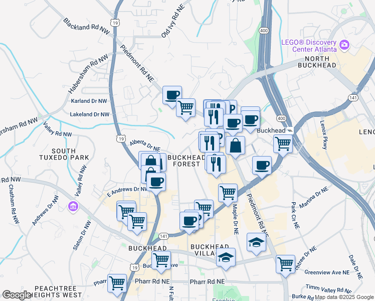 map of restaurants, bars, coffee shops, grocery stores, and more near 3330 West Shadowlawn Avenue Northeast in Atlanta