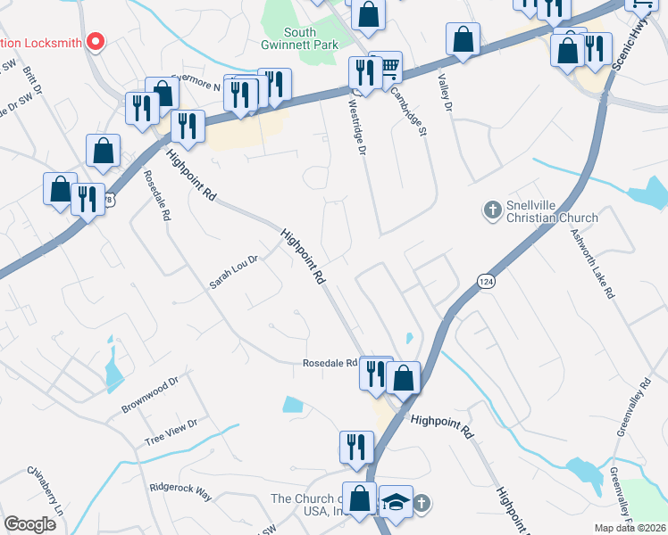 map of restaurants, bars, coffee shops, grocery stores, and more near 3104 Spruce Circle in Snellville