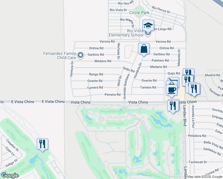 map of restaurants, bars, coffee shops, grocery stores, and more near 67370 Peineta Road in Cathedral City