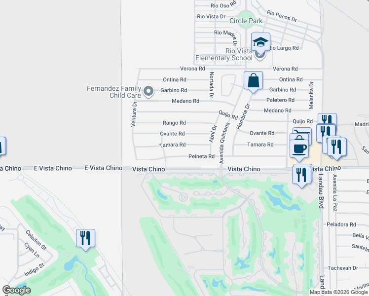 map of restaurants, bars, coffee shops, grocery stores, and more near 67270 Peineta Road in Cathedral City