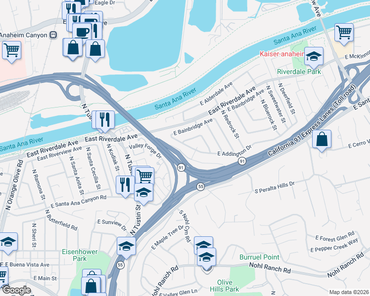 map of restaurants, bars, coffee shops, grocery stores, and more near 4045 East Summer Creek Lane in Anaheim