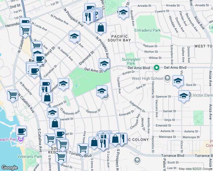 map of restaurants, bars, coffee shops, grocery stores, and more near 1118 Vincent Street in Redondo Beach