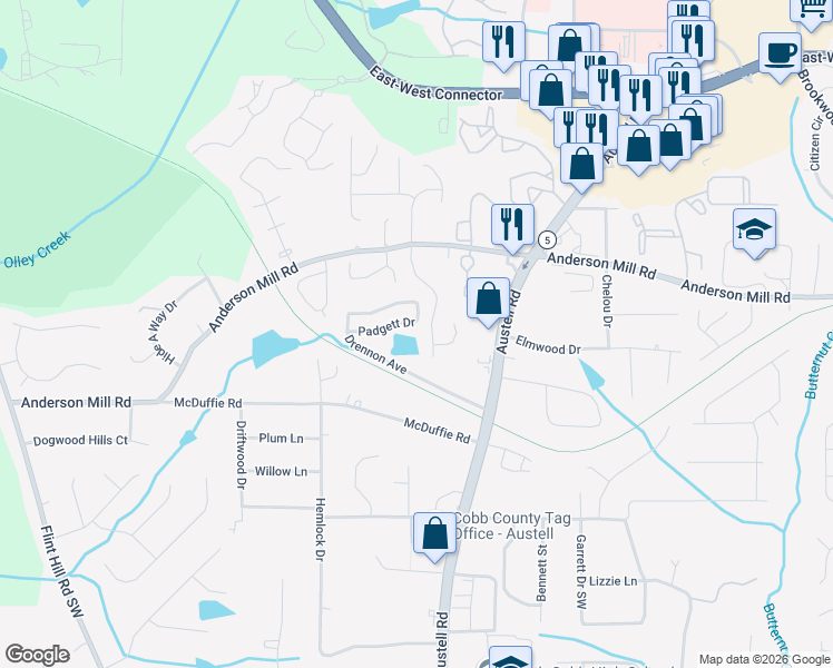 map of restaurants, bars, coffee shops, grocery stores, and more near 4378 Stonecrest Drive in Austell