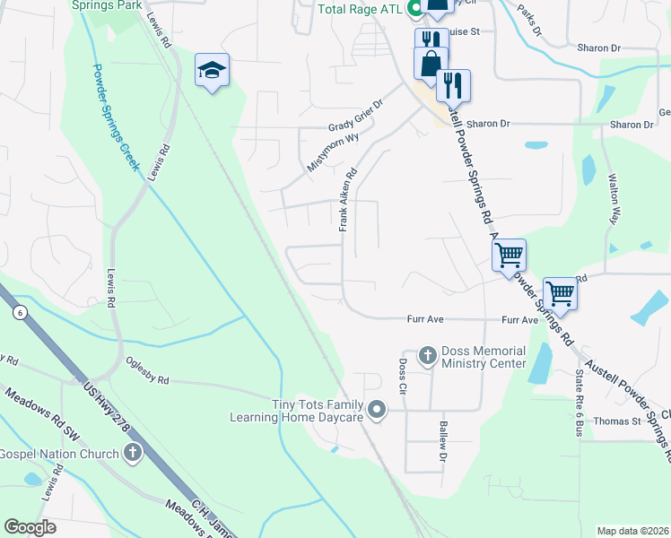 map of restaurants, bars, coffee shops, grocery stores, and more near 4351 Starboard Drive in Powder Springs