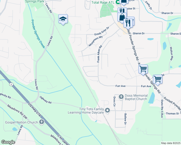 map of restaurants, bars, coffee shops, grocery stores, and more near 4366 Port Lane in Powder Springs