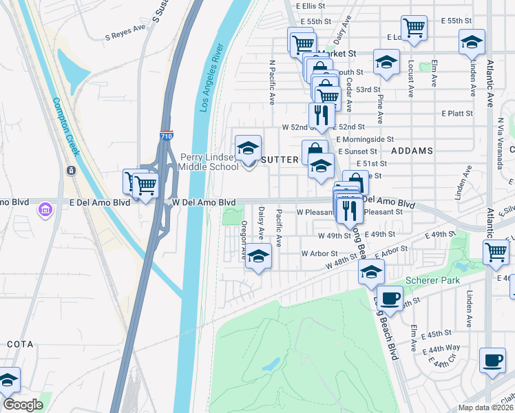map of restaurants, bars, coffee shops, grocery stores, and more near 154 West Del Amo Boulevard in Long Beach