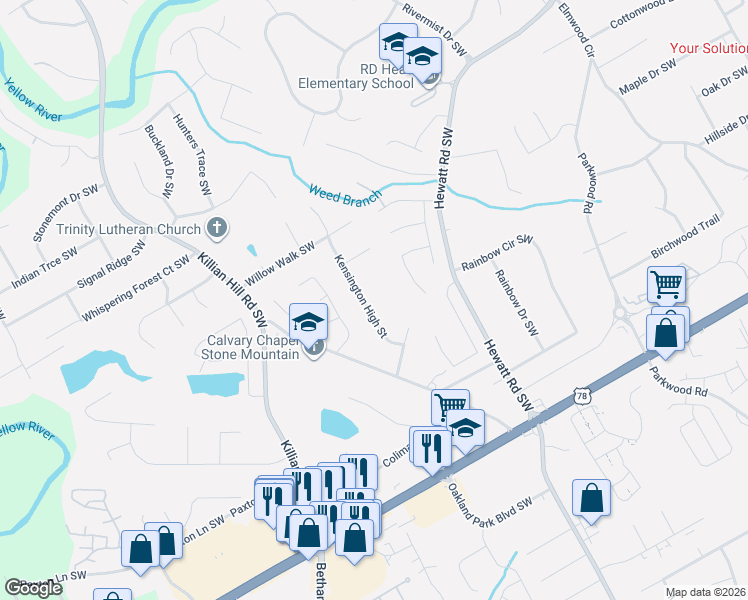 map of restaurants, bars, coffee shops, grocery stores, and more near 1967 Kensington High Street in Lilburn