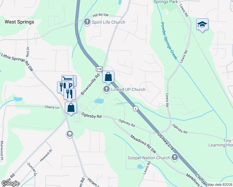 map of restaurants, bars, coffee shops, grocery stores, and more near 4441 Caleb Crossing in Powder Springs