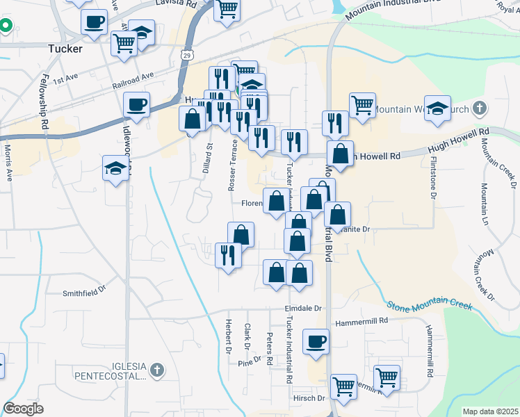 map of restaurants, bars, coffee shops, grocery stores, and more near 4475 Florence Street in Tucker