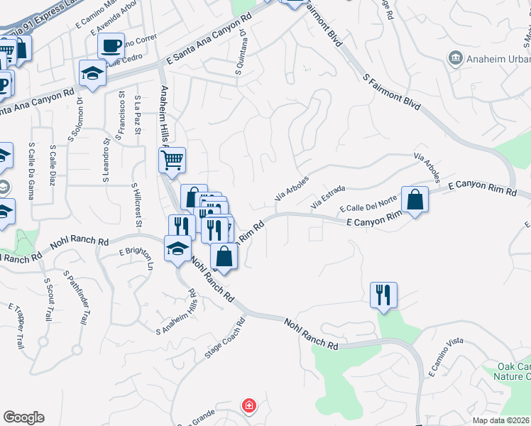 map of restaurants, bars, coffee shops, grocery stores, and more near 481 South Paseo Estrella in Anaheim