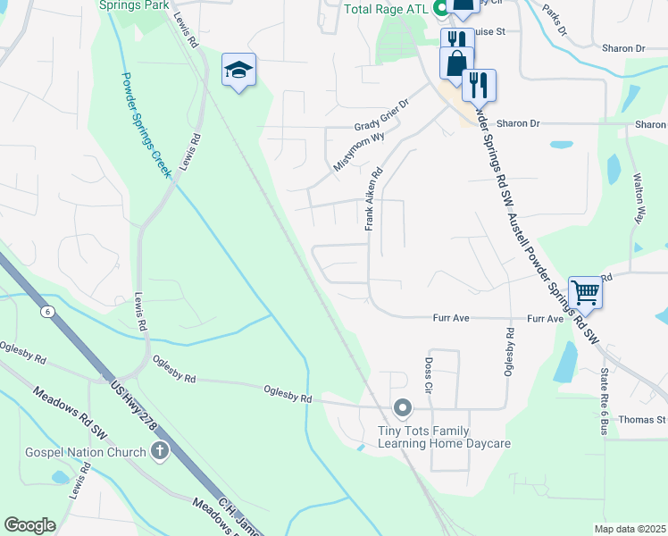 map of restaurants, bars, coffee shops, grocery stores, and more near 4364 Port Lane in Powder Springs