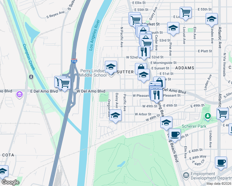 map of restaurants, bars, coffee shops, grocery stores, and more near 150 West Del Amo Boulevard in Long Beach