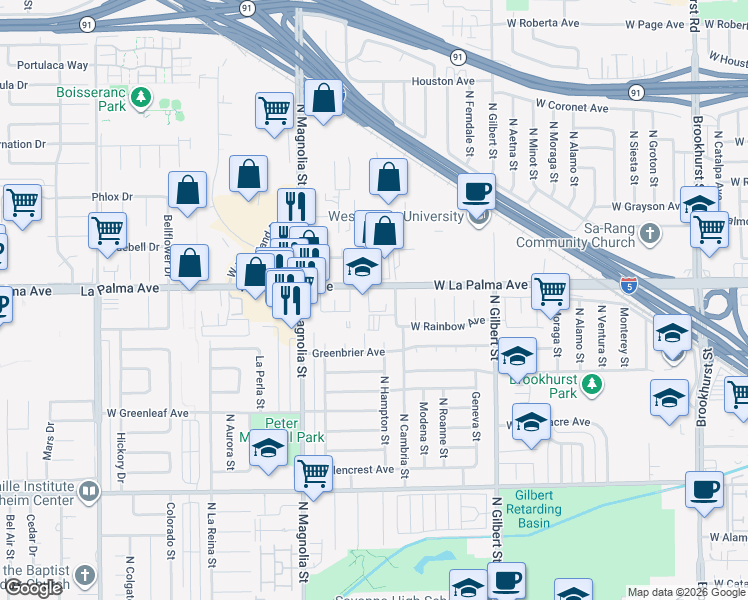 map of restaurants, bars, coffee shops, grocery stores, and more near 2520 West La Palma Avenue in Anaheim