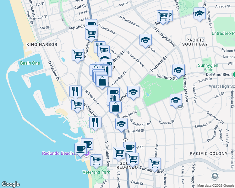 map of restaurants, bars, coffee shops, grocery stores, and more near 310 North Francisca Avenue in Redondo Beach