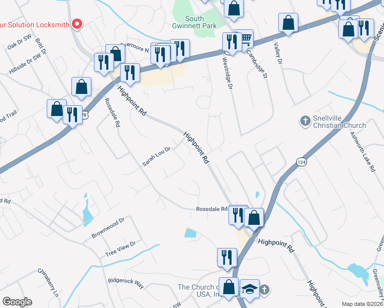map of restaurants, bars, coffee shops, grocery stores, and more near 3160 Murell Road in Snellville