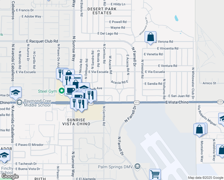 map of restaurants, bars, coffee shops, grocery stores, and more near 2135 East Desert Park Avenue in Palm Springs