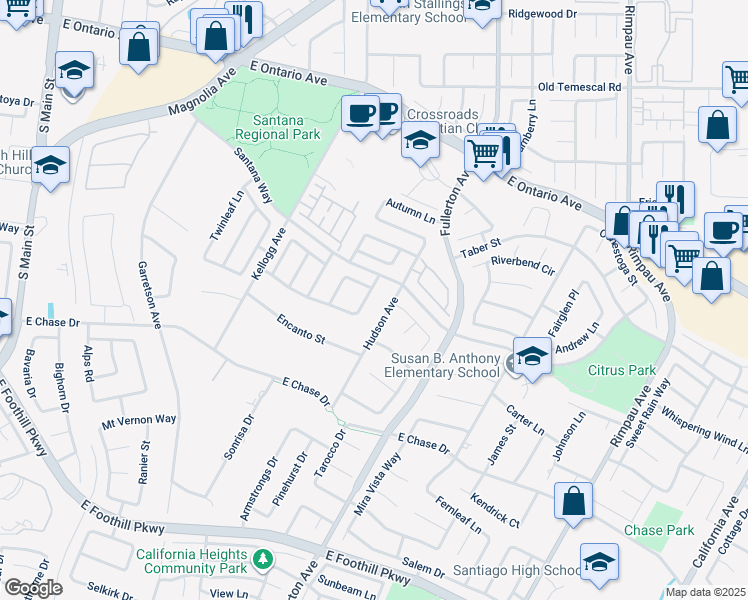 map of restaurants, bars, coffee shops, grocery stores, and more near 2659 Flora Spiegel Way in Corona