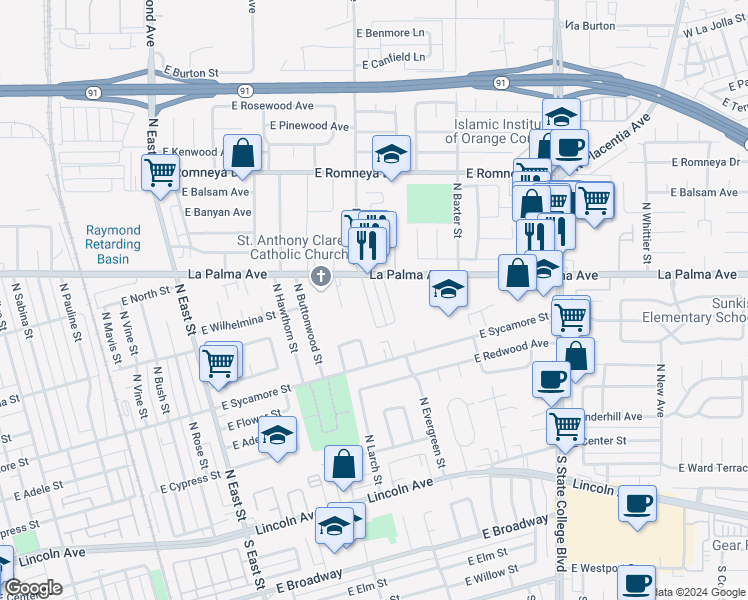 map of restaurants, bars, coffee shops, grocery stores, and more near 704 North Anna Drive in Anaheim