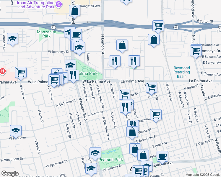 map of restaurants, bars, coffee shops, grocery stores, and more near 909 North Zeyn Street in Anaheim