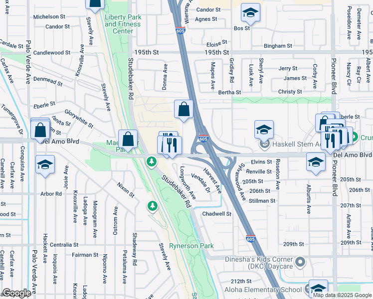 map of restaurants, bars, coffee shops, grocery stores, and more near 11201 Del Amo Boulevard in Lakewood