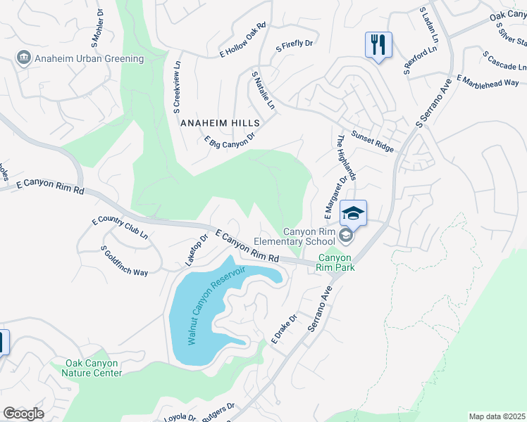 map of restaurants, bars, coffee shops, grocery stores, and more near 7370 East Nightingale Circle in Anaheim