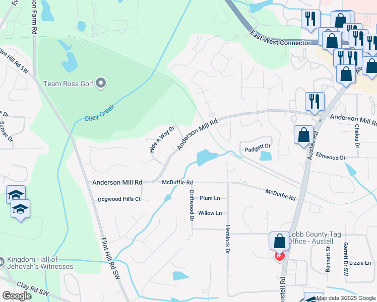 map of restaurants, bars, coffee shops, grocery stores, and more near 2305 Anderson Mill Road in Austell