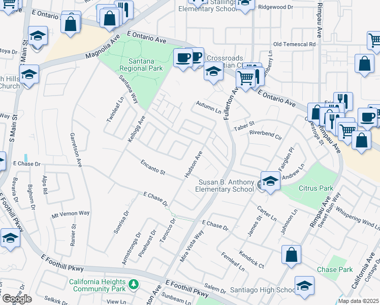 map of restaurants, bars, coffee shops, grocery stores, and more near 2659 Flora Spiegel Way in Corona