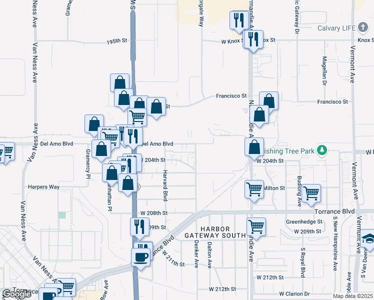 map of restaurants, bars, coffee shops, grocery stores, and more near 1521 1/2 West 204th Street in Torrance