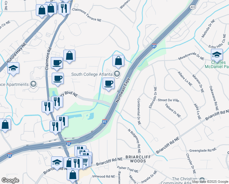 map of restaurants, bars, coffee shops, grocery stores, and more near 2200 Century Parkway Northeast in Atlanta