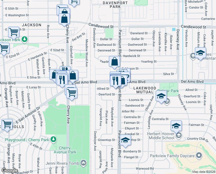 map of restaurants, bars, coffee shops, grocery stores, and more near 2523 Allred Street in Lakewood