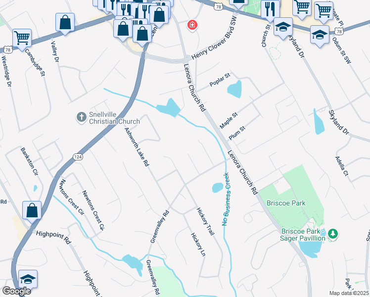 map of restaurants, bars, coffee shops, grocery stores, and more near 2628 Hickory Trail in Snellville