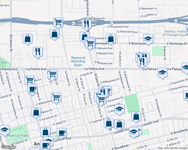 map of restaurants, bars, coffee shops, grocery stores, and more near 755 North East Street in Anaheim