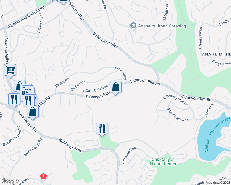 map of restaurants, bars, coffee shops, grocery stores, and more near 6562 East Vía Corral in Anaheim