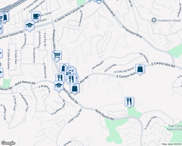 map of restaurants, bars, coffee shops, grocery stores, and more near 500 South Paseo de Luna in Anaheim
