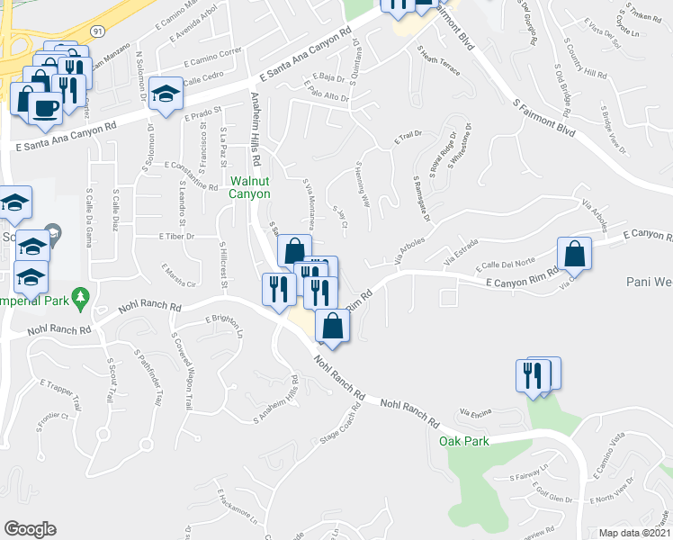 map of restaurants, bars, coffee shops, grocery stores, and more near 380 South Anaheim Hills Road in Anaheim