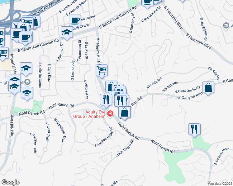 map of restaurants, bars, coffee shops, grocery stores, and more near 380 South Anaheim Hills Road in Anaheim