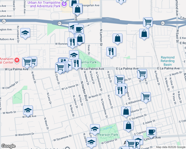 map of restaurants, bars, coffee shops, grocery stores, and more near 904 North Dickel Street in Anaheim