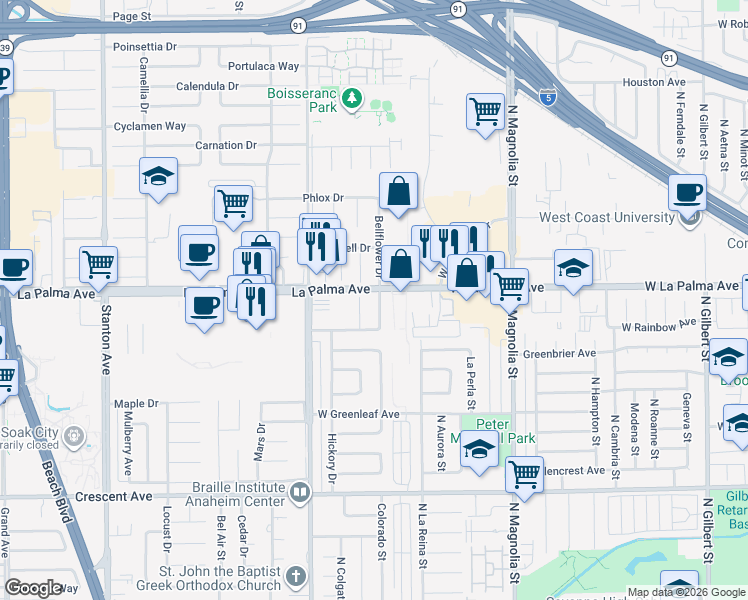 map of restaurants, bars, coffee shops, grocery stores, and more near 8054 Teakwood Circle in Buena Park