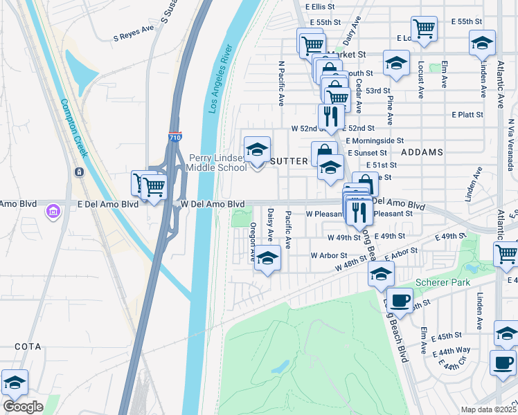 map of restaurants, bars, coffee shops, grocery stores, and more near 4958 Oregon Avenue in Long Beach