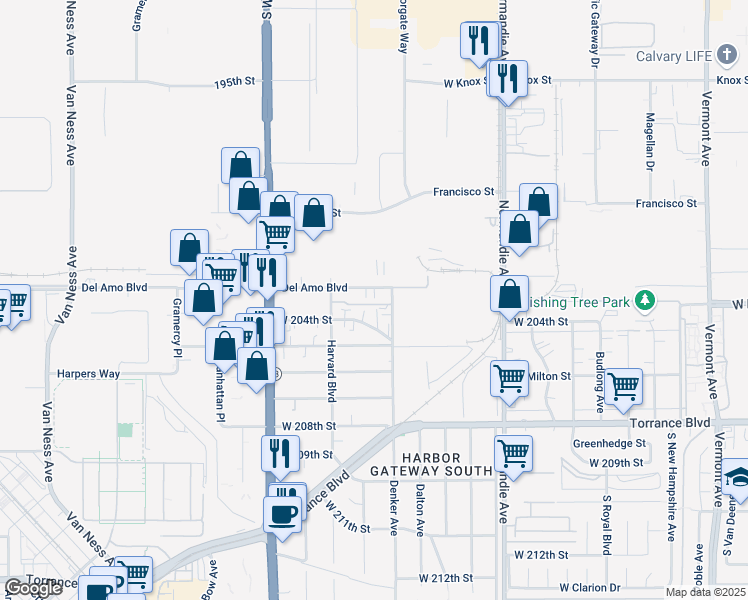 map of restaurants, bars, coffee shops, grocery stores, and more near 1521 1/2 West 204th Street in Torrance