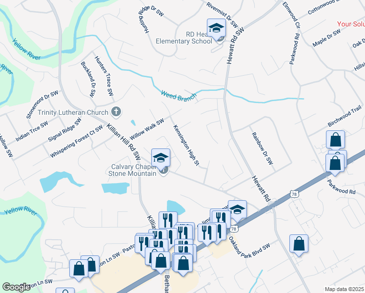 map of restaurants, bars, coffee shops, grocery stores, and more near 1947 Kensington High Street in Lilburn
