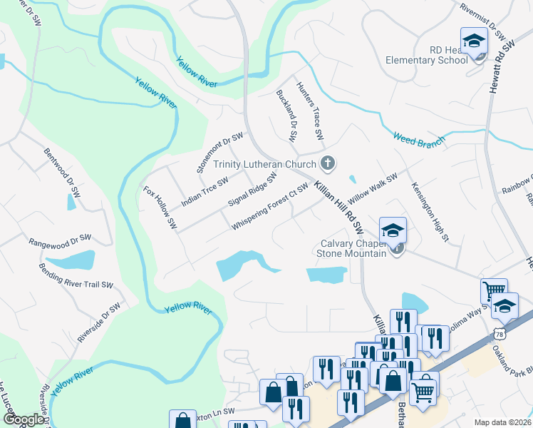 map of restaurants, bars, coffee shops, grocery stores, and more near 4102 Whispering Forest Court Southwest in Lilburn