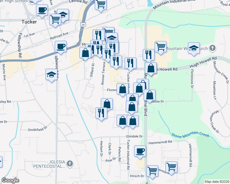map of restaurants, bars, coffee shops, grocery stores, and more near 4475 Florence Street in Tucker