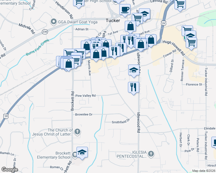 map of restaurants, bars, coffee shops, grocery stores, and more near 4177 Applegate Way in Tucker