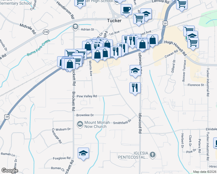 map of restaurants, bars, coffee shops, grocery stores, and more near 4177 Applegate Way in Tucker