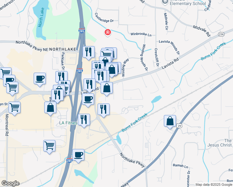 map of restaurants, bars, coffee shops, grocery stores, and more near 2105 Vista Dale Court in Tucker