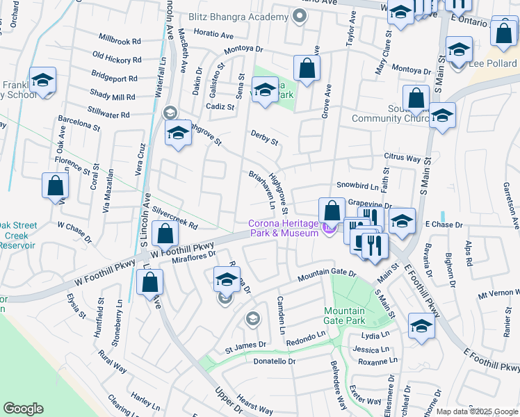 map of restaurants, bars, coffee shops, grocery stores, and more near 830 Crestmont Circle in Corona